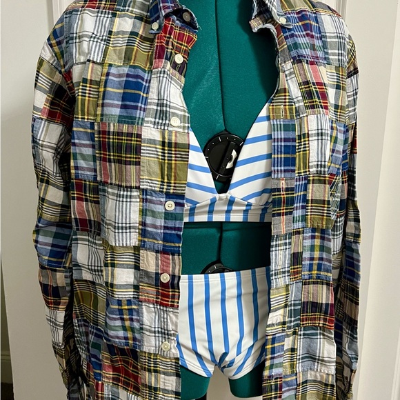 Blue/White Stripe Bikini w/Madras Plaid Cover Up & 2 sets Coordinated Earrings - Picture 2 of 11